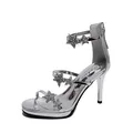 Close-up of silver high heel sandals with rhinestone stars and platform sole - 34 / Silver Star