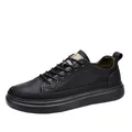 Classic men's black waterproof leather low-top casual sneakers with durable rubber sole - 39 / Black