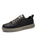 Stylish black leather waterproof low-top casual sneaker for men with khaki rubber sole. - 39 / Black Brown