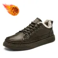 Men's brown waterproof leather low-top casual shoes with warm fleece lining and thick sole - 39 / Brown Fleece Lined