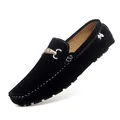 Men's black suede loafers with white contrast stitching and a gold horsebit detail - 35 / Black