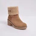 Damen Winter Schneestiefel in Kamel mit gemütlichem Kunstfell Umschlagmanschette - 35 / Khaki