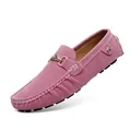 Men's pink suede loafers with gold buckle detail, perfect for driving or casual wear. - 35 / Rose Red