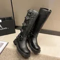 Stylish black knee-high Western knight boots featuring multiple decorative silver buckles - 35 / Knight Boots Decoration (2717) / Black