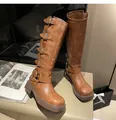 Vintage brown western cowboy knight boots for women with multiple buckle straps detail - 35 / Knight Boots Decoration (2717) / Coffee