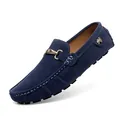 Classic navy blue suede loafers for men featuring elegant gold-tone horsebit hardware detail - 35 / Dark Blue