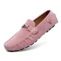 Stylish pink suede men's loafer driving shoe featuring elegant metal horsebit buckle - Pink