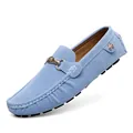 Light blue suede loafers for men with gold horsebit and white contrast stitching - Sky Blue