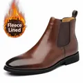Men's brown leather Chelsea boots with warm fleece lining and retro British style - 38 / Fleece Lined Style / Brown