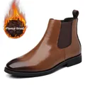 Classic brown leather Chelsea boots for men with warm fleece lining in a retro British style - 38 / Brown Fleece Lined