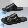 Stylish men's black faux leather slides with vintage bronze buckles and lightweight flat soles - 38 / Black