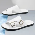 Stylish white men's summer slide sandals with metal buckles and flat soles - 38 / White