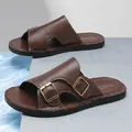 Men's stylish brown leather slides with double buckles and comfortable flat sole - 38 / Brown