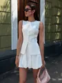 Chic white button-down vest and bubble mini skirt two-piece set for summer street style - S / Top And Bottom / White
