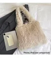 Detailed view of the large faux fur tote bag compared with a tablet and phone - Light Khaki