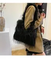 Stylish black faux fur tote bag with shaggy texture and large capacity for autumn/winter - Black