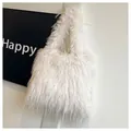Large capacity white faux fur tote bag with shaggy fringes for autumn and winter - White
