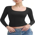 Slank gesneden zwart dames crop-top met lange mouwen en U-hals in trendy Y2K-stijl - XS / Tops / Zwart