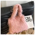 Stylish pink faux fur plush tote bag with shaggy fringe detail for autumn and winter - Pink