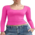 Levendige roze crop top met lange mouwen voor dames met U-hals en slanke Y2K-pasvorm - XS / Tops / Felroze
