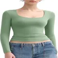 Sexy dames nauwsluitende crop top met lange mouwen en U-hals in saliegroen Y2k-stijl - XS / Tops / Lichtgroen