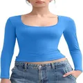 Vibrant blue slim fit U-neck long sleeve crop top for women in trendy Y2K fashion style - Aqua