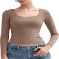 Elegant slim fit women's long-sleeve crop top with a scoop U-neck in taupe brown color. - Camel