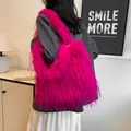 Large hot pink faux fur tote bag with long tassel texture for women fashion handbag - Rose Red