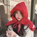 Red knitted balaclava hooded scarf with plush fleece lining for winter warmth protection - M (56-58cm) / Red