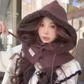 Cozy brown knit balaclava hood with faux fur lining and button closure - M (56-58cm) / Coffee