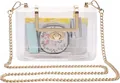 Detailed view of clear transparent crossbody bag with gold chain and internal essentials - Gold