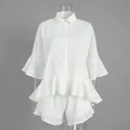 Elegant white ruffled two-piece set with flared sleeve shirt and matching shorts for summer - S / Top And Bottom / White