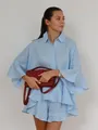 Elegant light blue ruffled linen two-piece set with oversized shirt and matching shorts for summer - S / Top And Bottom / Blue