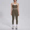 Front view of two-piece olive green and white colorblock yoga set with high waist leggings - S / Top And Bottom / Coffee