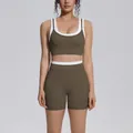 Premium two-piece olive green ribbed yoga set with white contrast trim for fitness - S / Top And Bottom / Coffee