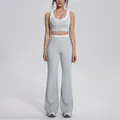 High-waist flared yoga set with color-blocking sports bra and naked-feel gray leggings - S / Top And Bottom / Clay Grey