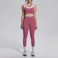 Full-body shot of a mauve yoga set with white trim, highlighting the high-waist fit and design. - S / Top And Bottom / Violet