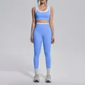 Full body view of a light blue color-block high-waisted yoga set on a female model. - S / Top And Bottom (7154) / Sky Blue