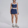 Dark blue and white contrast yoga set with ribbed crop top and mini sports skirt - S / Top And Bottom / Badge Blue