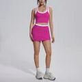Vibrant hot pink two-piece yoga workout set with white contrast trim and ribbed texture - S / Top And Bottom / Dragon Fruit