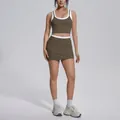 Two-piece olive green yoga set with white trim, including sports crop top and mini skirt - S / Top And Bottom / Coffee