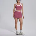 Two-piece dusty rose yoga set with contrast white trim and high-waisted sports skirt - S / Top And Bottom / Violet