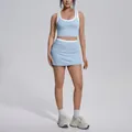 Light blue high-waisted tennis skirt and racerback crop top yoga set with white contrast trim - S / Top And Bottom / Mist Blue