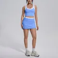 Two-piece sky blue color-block high-waisted yoga set with ribbed sports top and skirt - S / Top And Bottom / Sky Blue