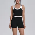 Two-piece ribbed yoga set with black and white color-blocking design for fitness - S / Top And Bottom / Premium Black