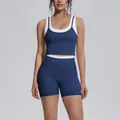Navy blue contrast yoga set with high-waist shorts and sports bra for fitness. - S / Top And Bottom / Badge Blue