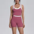 Dusky rose contrast color yoga set featuring ribbed high waist shorts and sports top - S / Top And Bottom / Violet