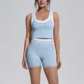 Light blue contrast color ribbed high waist yoga set with sports bra and shorts - S / Top And Bottom / Tank and Shorts Set / Mist Blue