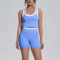 Two-piece contrast color yoga set with high waist shorts in light blue and white - S / Top And Bottom / Tank and Shorts Set / Sky Blue