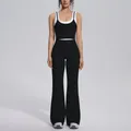 Two-piece ribbed color-block yoga set with high-waisted flared leggings - S / Top And Bottom / Premium Black